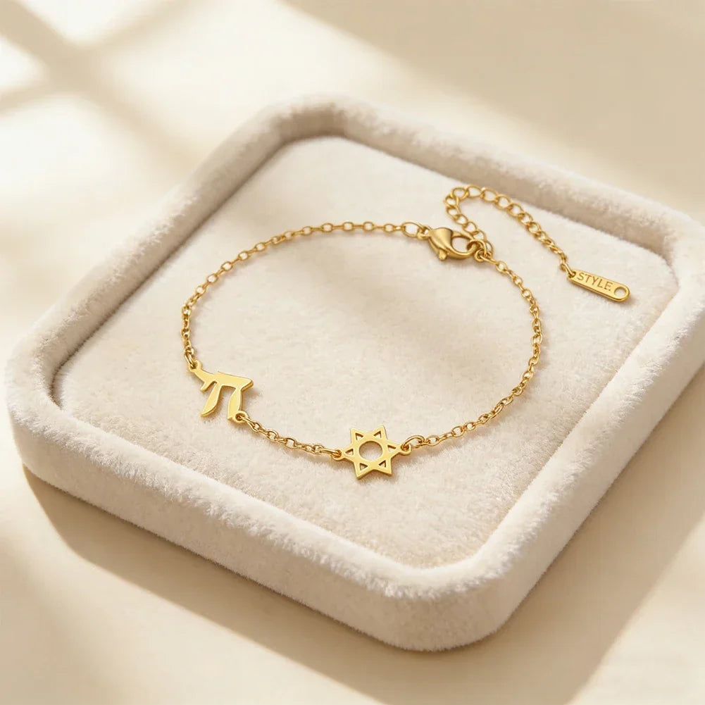 Pulsera ajustable con Estrella de David y Chai, símbolos judíos