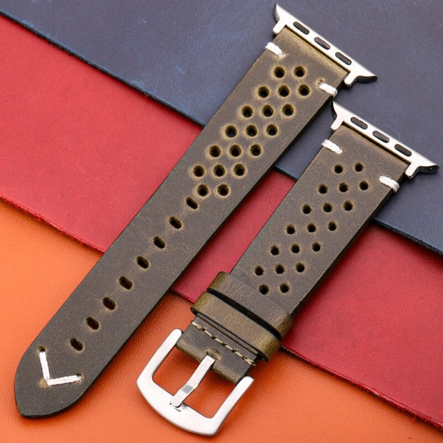 Bracelet Apple Watch en Cuir Véritable vert kaki et argent