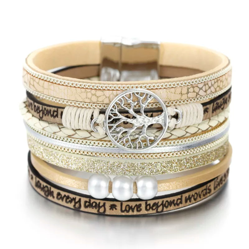 Tree of Life Chain Link Bracelet in Beige Leather