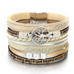 Tree of Life Chain Link Bracelet in Beige Leather