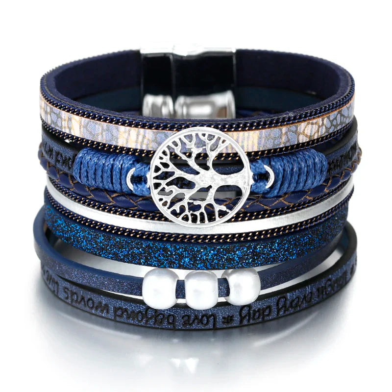 Tree of Life Chain Link Bracelet in Blue Leather