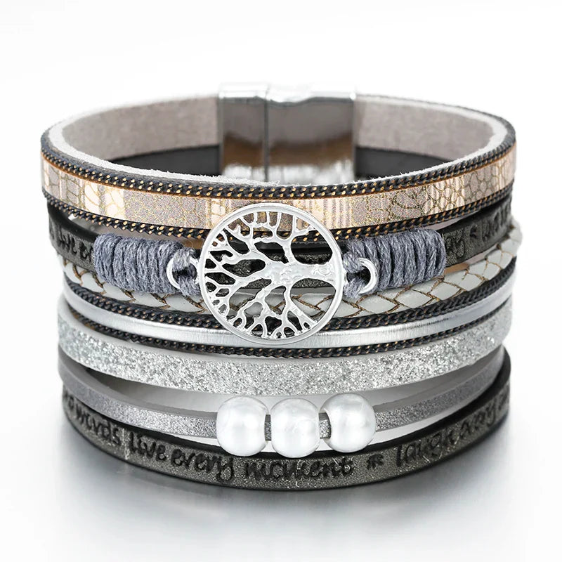 Tree of Life Chain Link Bracelet in Gray Leather