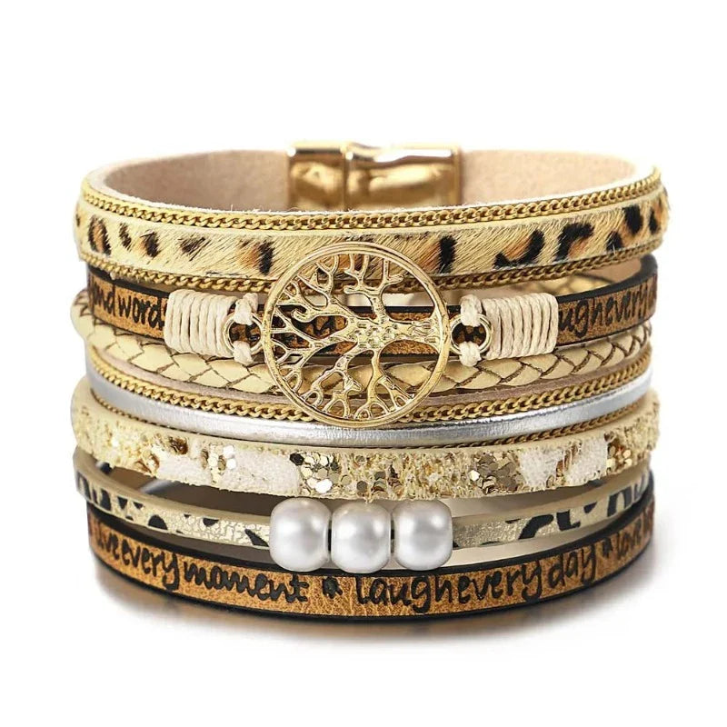 Tree of Life Chain Link Bracelet in Leopard Leather