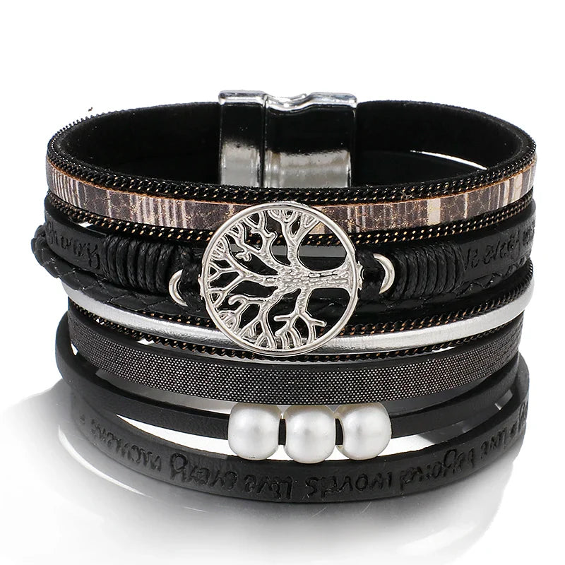 Tree of Life Chain Link Bracelet in Black Leather