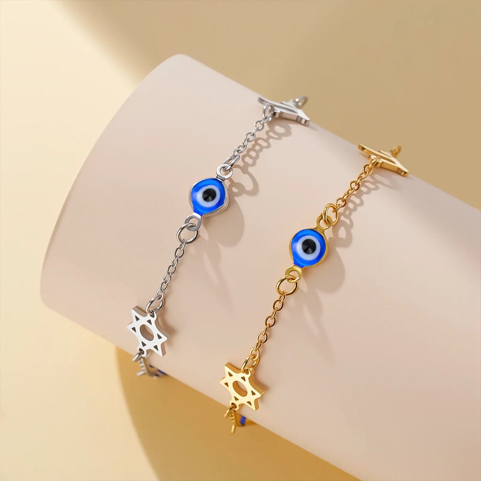 Bracelet avec symboles de protection oeil bleu, Chai et l'étoile de David