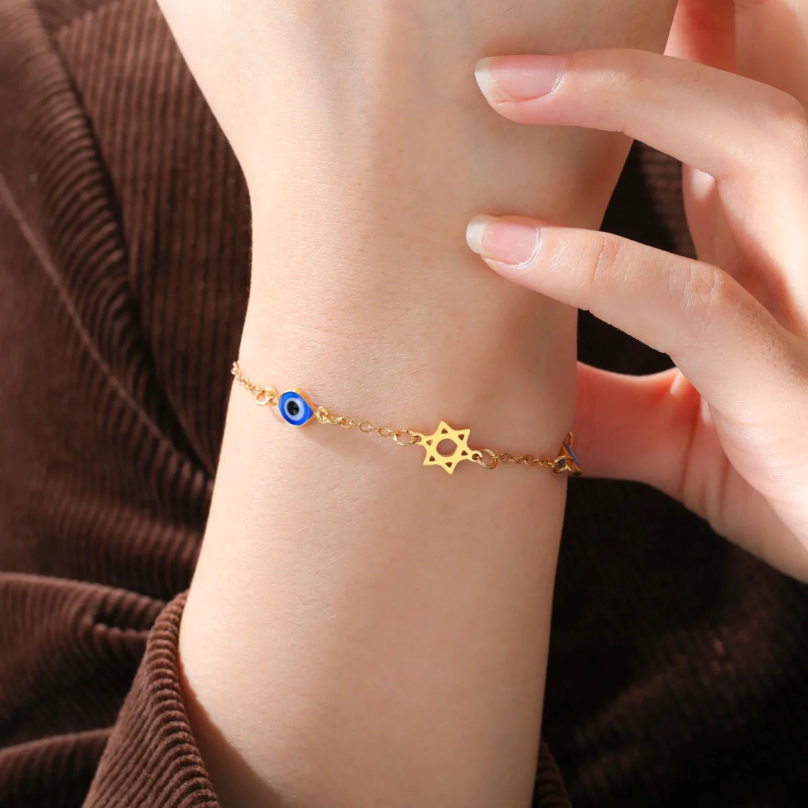 Bracelet avec symboles de protection oeil bleu, Chai et l'étoile de David or