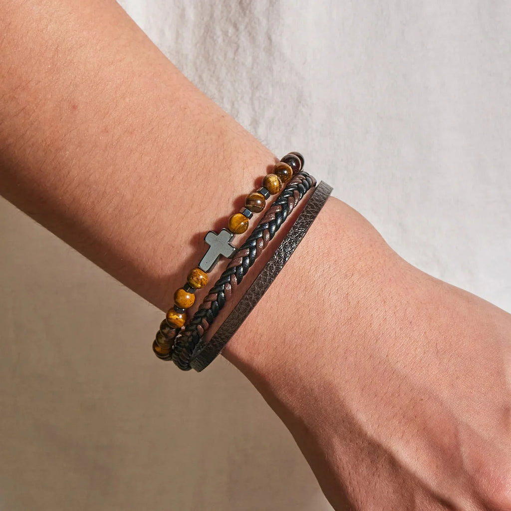 Rosary Cross Bracelet with Natural Stones and Leather