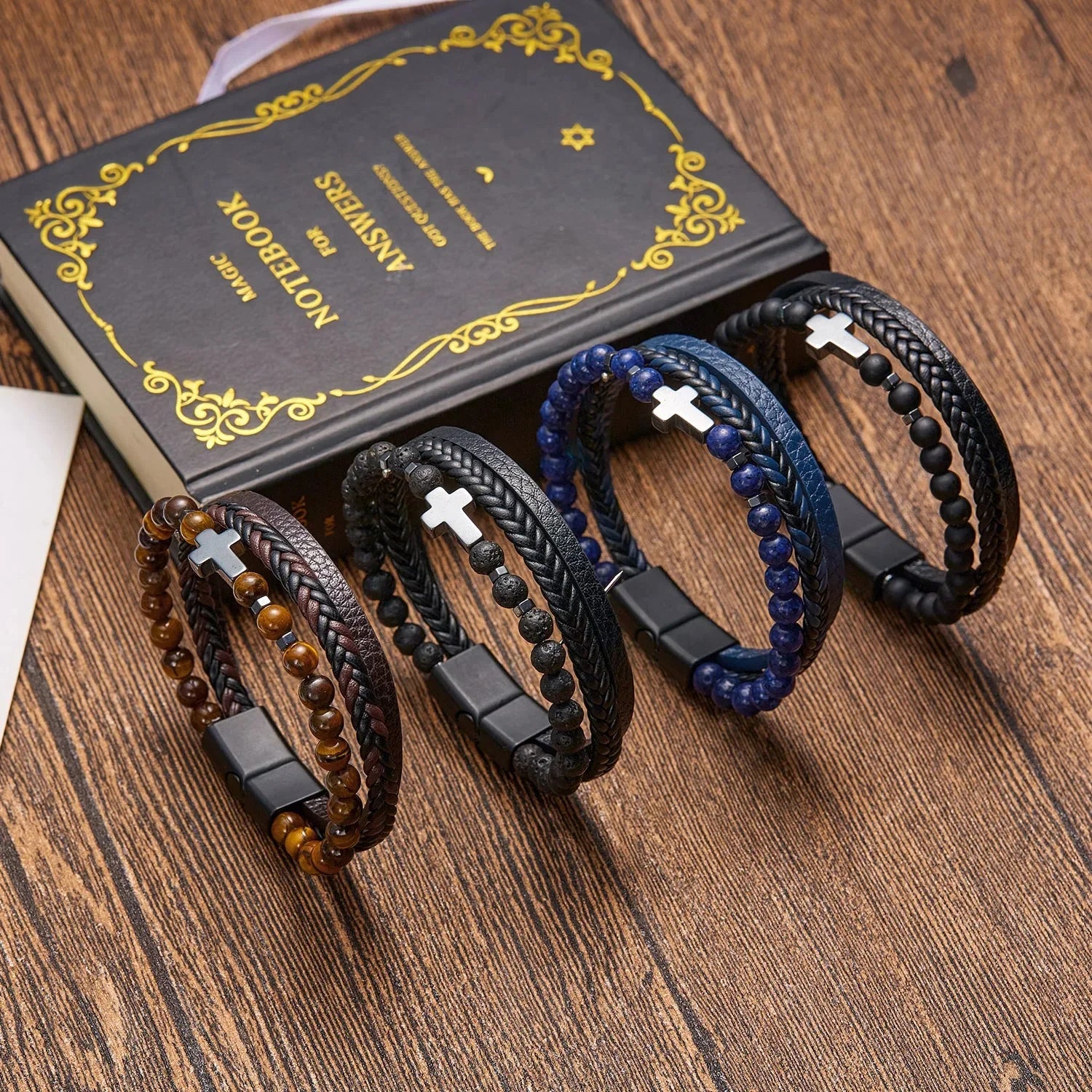 Rosary Cross Bracelet with Natural Stones and Leather