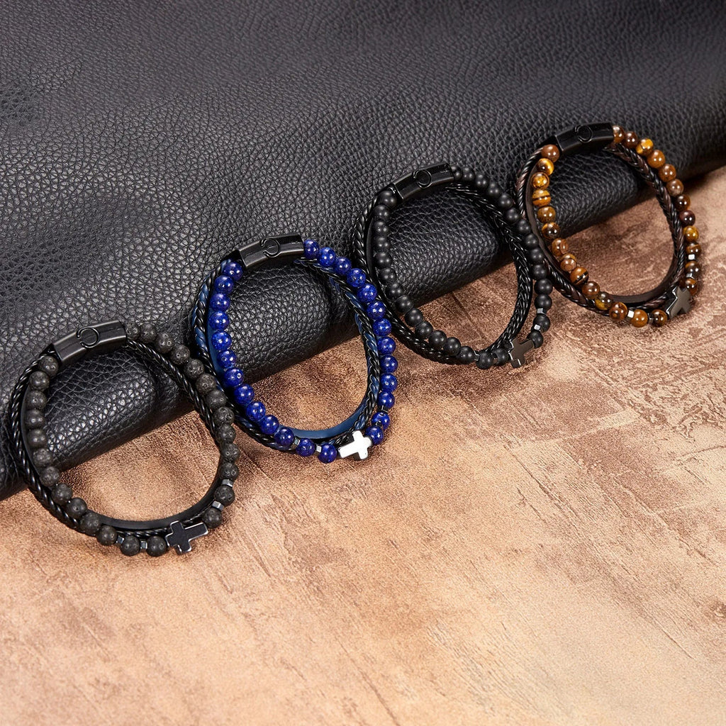 Rosary Cross Bracelet with Natural Stones and Leather