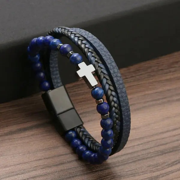 Rosary Cross Bracelet with Natural Stones and Leather