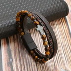 Rosary Cross Bracelet with Natural Stones and Leather