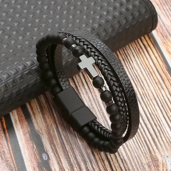 Rosary Cross Bracelet with Natural Stones and Leather