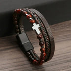 Rosary Cross Bracelet with Natural Stones and Leather