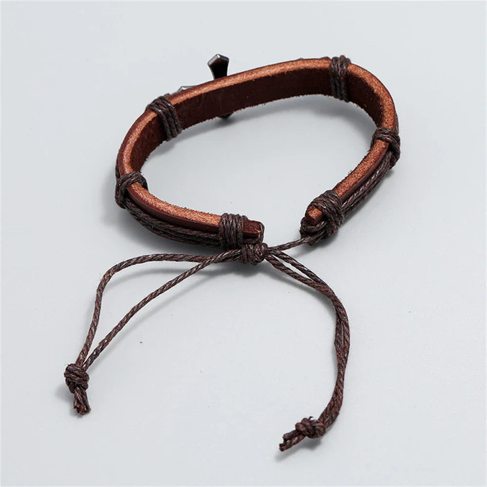 Men's Brown Leather Cross Bracelet