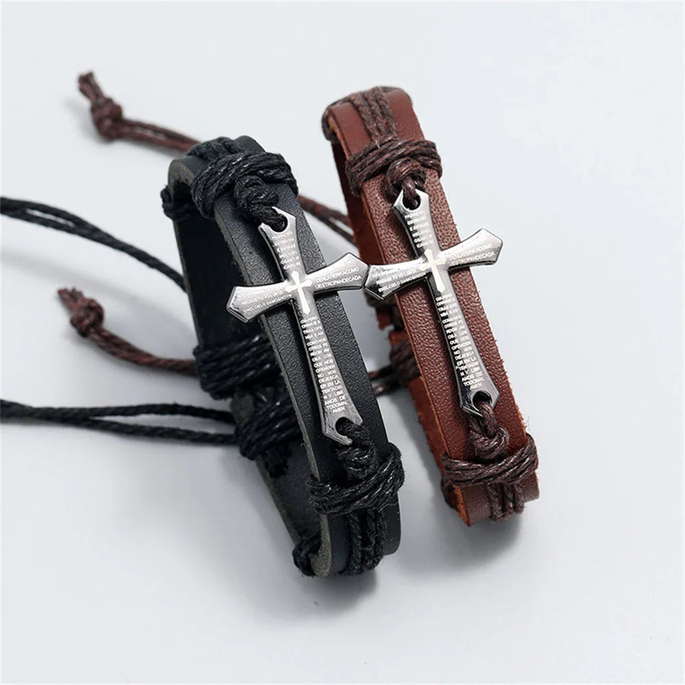 Men's Black Leather Cross Bracelet