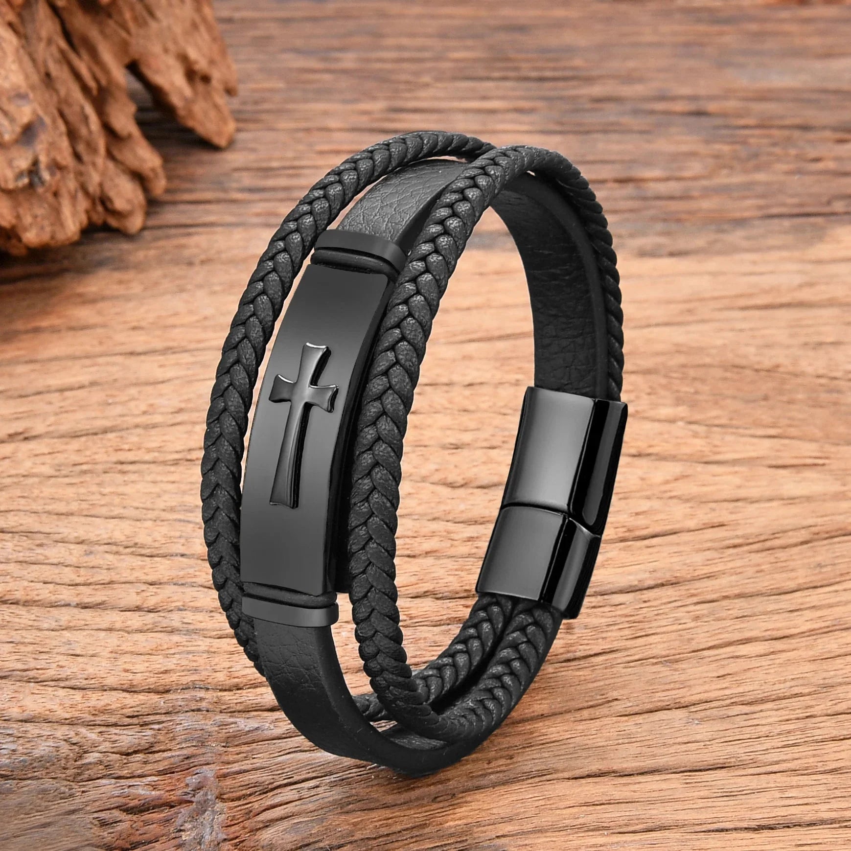 Black Leather Cross Bracelet style a Black