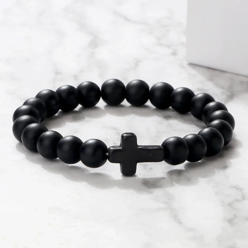 Black Shiny Natural Stone Cross Bracelet