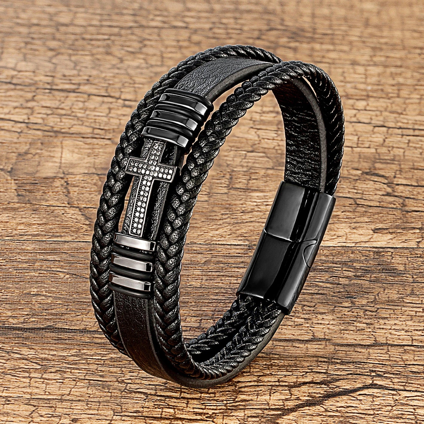 Black Leather Cross and Braid Bracelet
