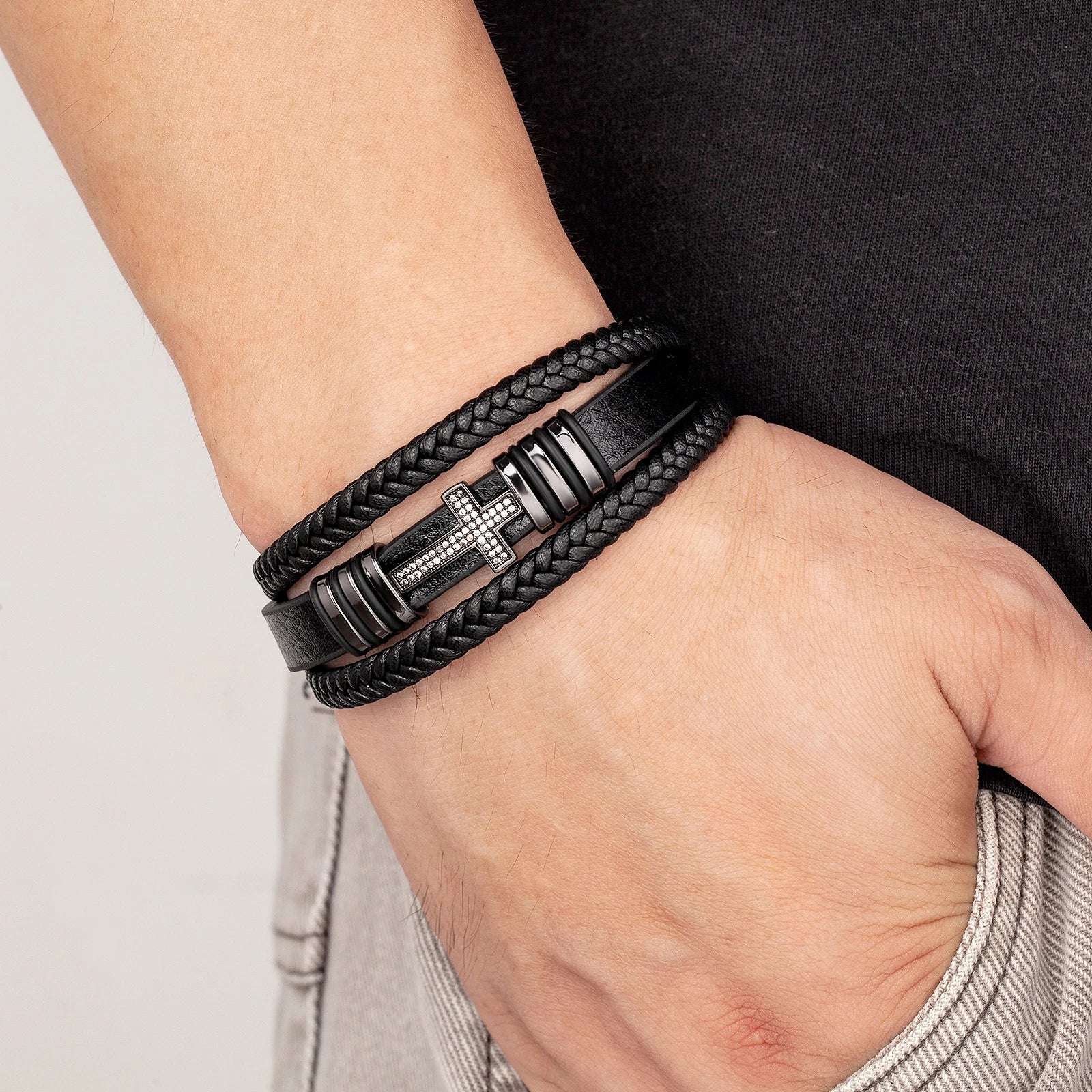 Black Leather Cross and Braid Bracelet