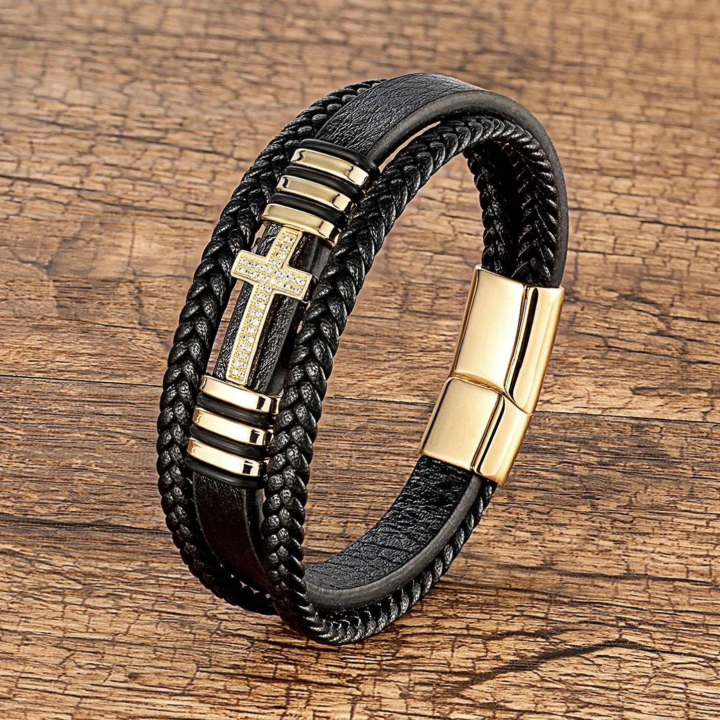 Gold Leather Cross and Braid Bracelet
