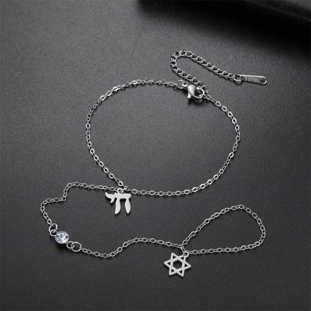 Pulsera de mano y dedo con colgantes de protección judíos Chai, Estrella de David y mano de Fátima 