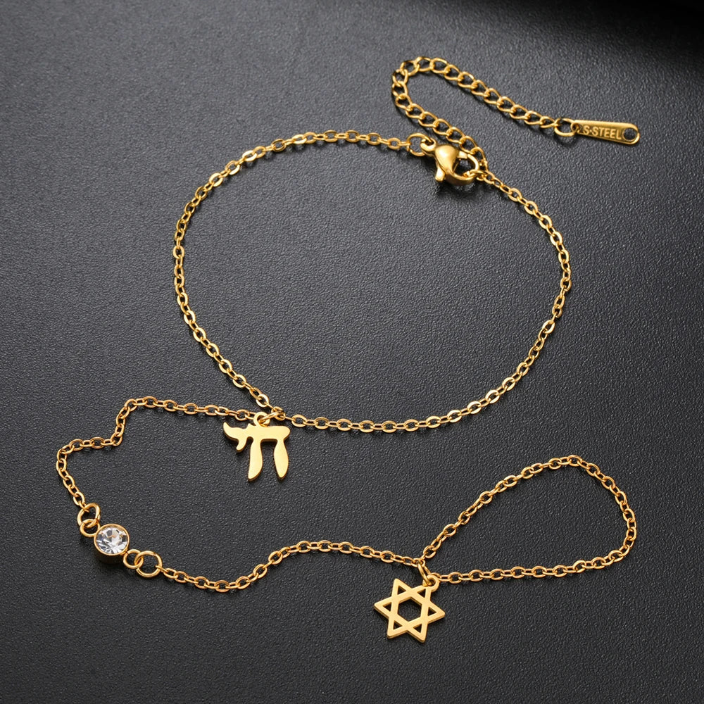 Pulsera de mano y dedo con colgantes de protección judíos Chai, Estrella de David y mano de Fátima 