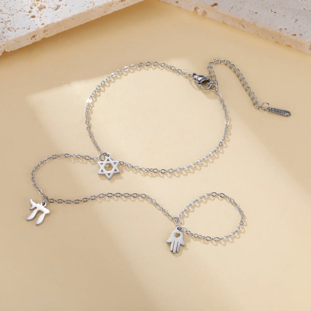 Pulsera de mano y dedo con colgantes de protección judíos Chai, Estrella de David y mano de Fátima 