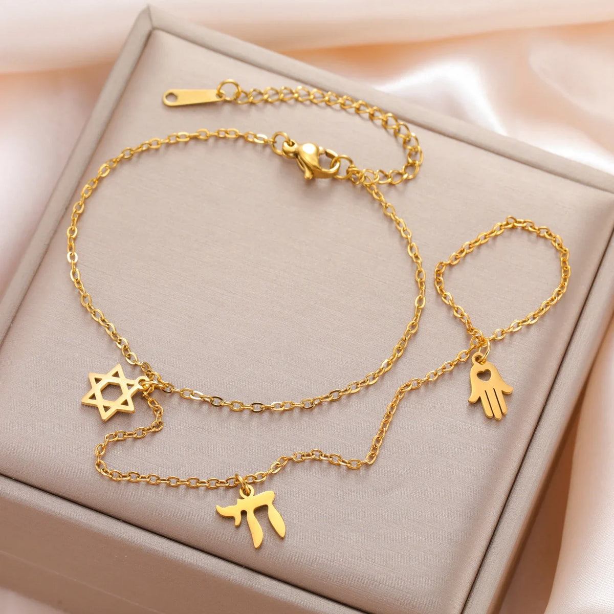 Pulsera de mano y dedo con colgantes de protección judíos Chai, Estrella de David y mano de Fátima 