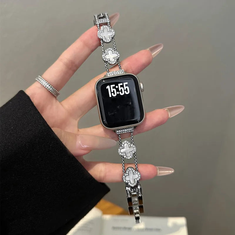 Bracelet de remplacement pour Apple Watch - design trèfle argent noir