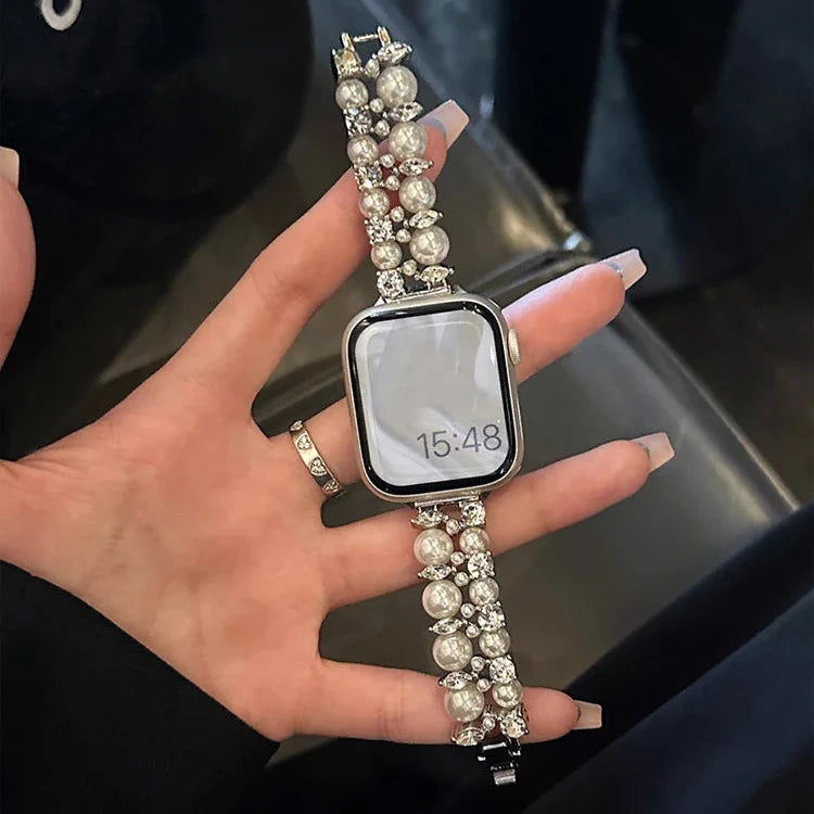 Bracelet de remplacement pour Apple Watch en strass et perles argent