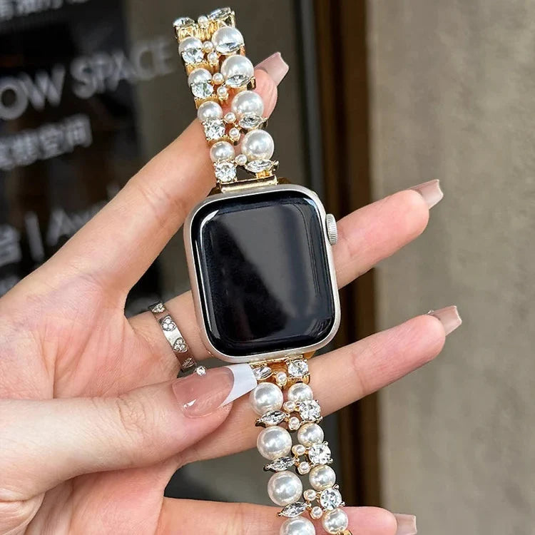 Replacement Apple Watch band with rhinestones and pearls