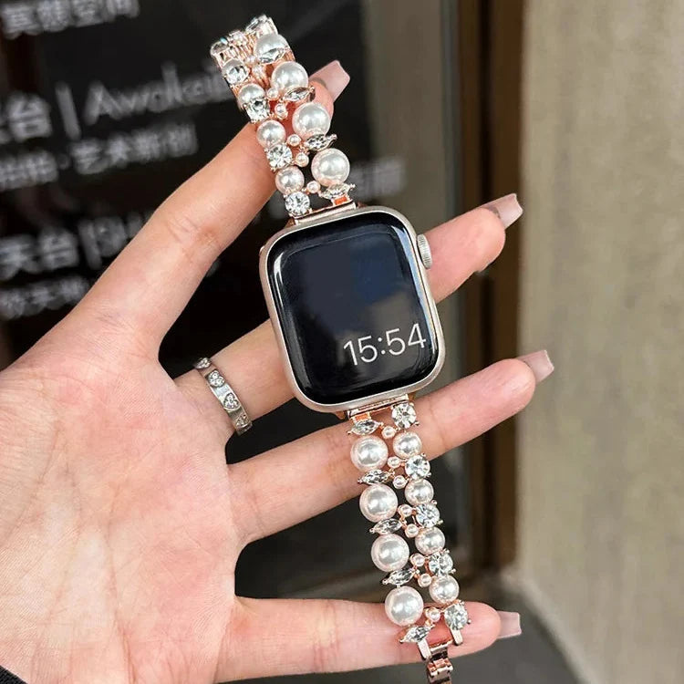 Replacement Apple Watch band with rhinestones and pearls