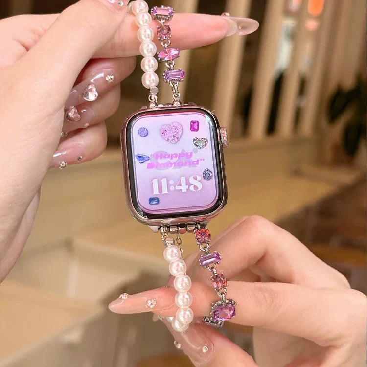 Replacement Apple Watch band with rhinestones and pearls