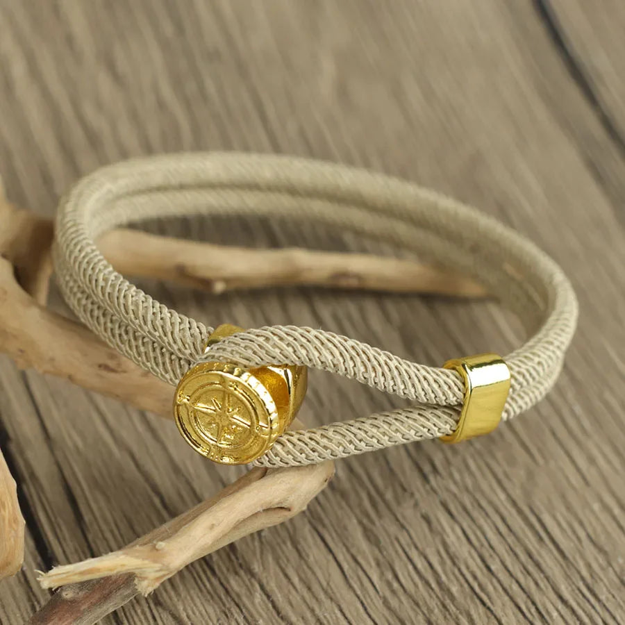 Bracelet en Corde avec Boussole Nautique Rose des Vents beige