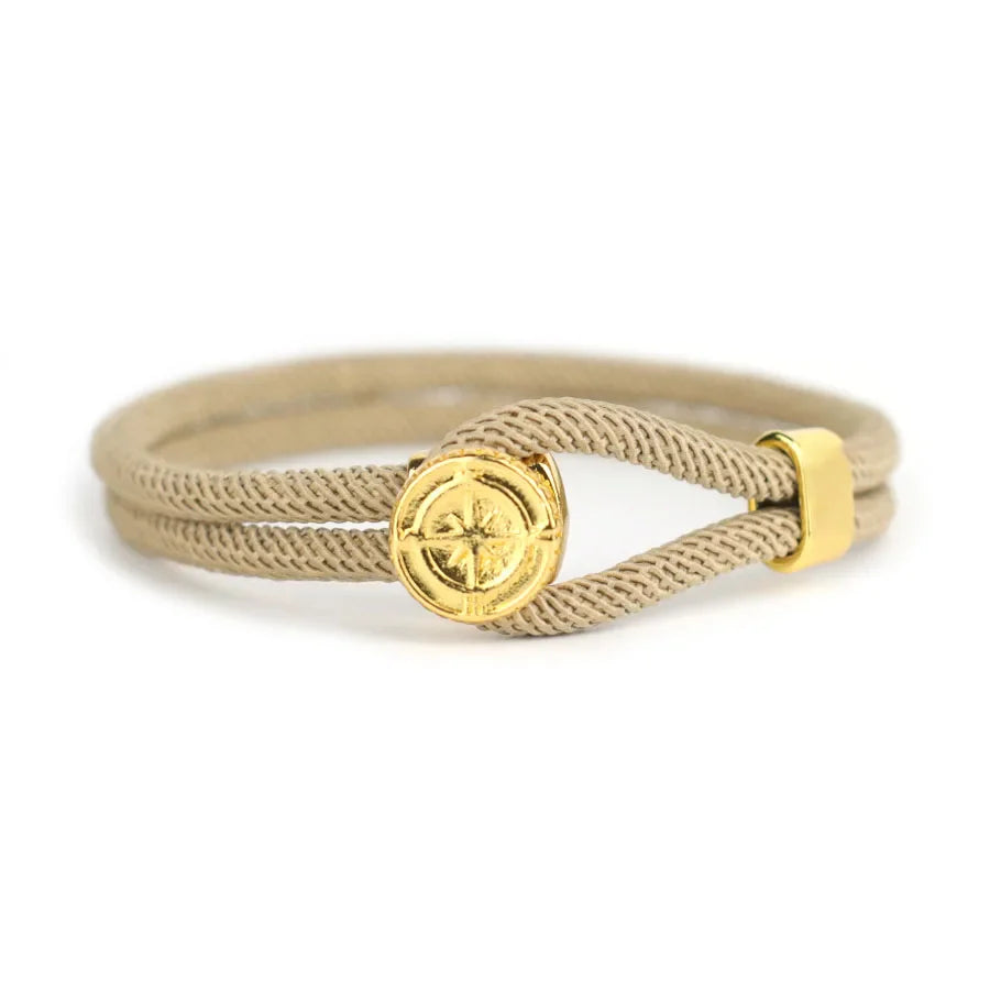 Bracelet en Corde avec Boussole Nautique Rose des Vents beige