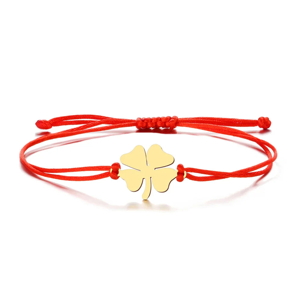 Cord Bracelet with Red and Gold Four-Leaf Clover Lucky Charm