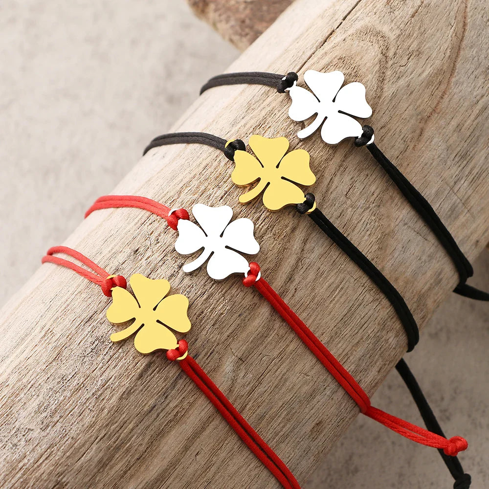 Cord Bracelet with Red and Gold Four-Leaf Clover Lucky Charm