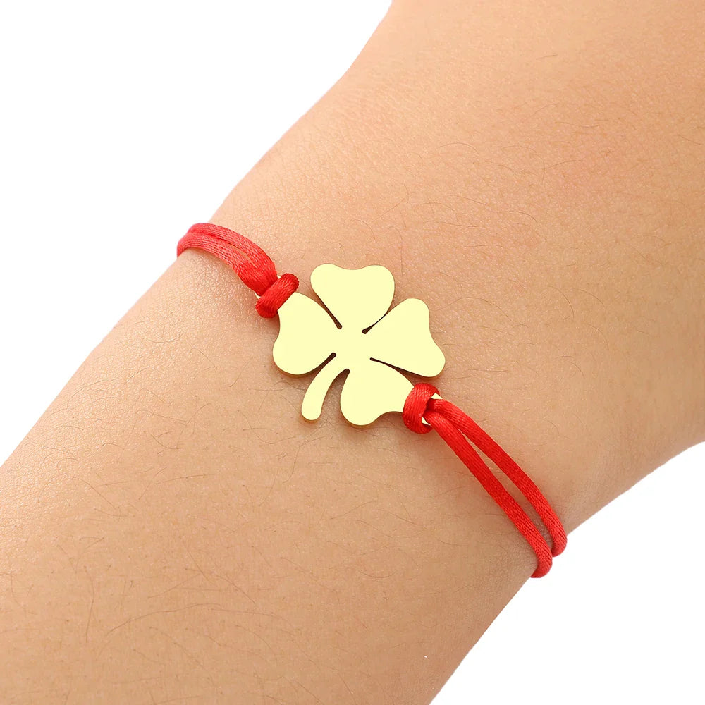 Cord Bracelet with Red and Gold Four-Leaf Clover Lucky Charm