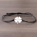 Cord Bracelet with Black and Silver Four-Leaf Clover Lucky Charm