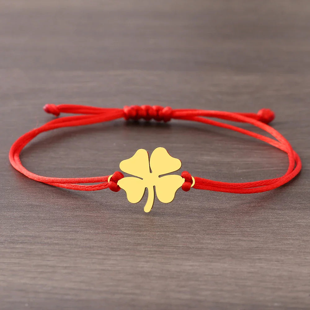 Cord Bracelet with Red and Gold Four-Leaf Clover Lucky Charm