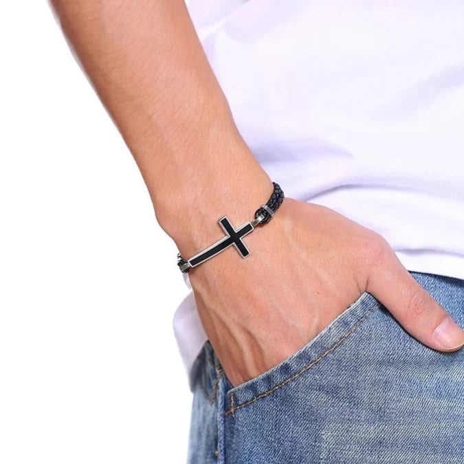 Pulsera de Cuero con Cruz Cristiana