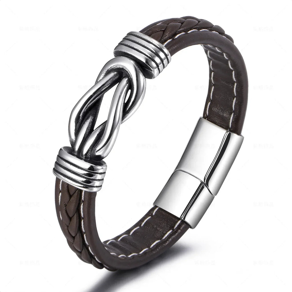 Bracelet en cuir avec noeud pour homme marron