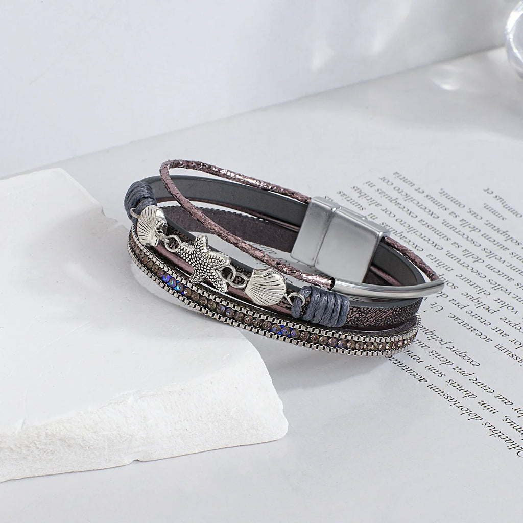 Bracelet en cuir coquillage et étoile de mer gris