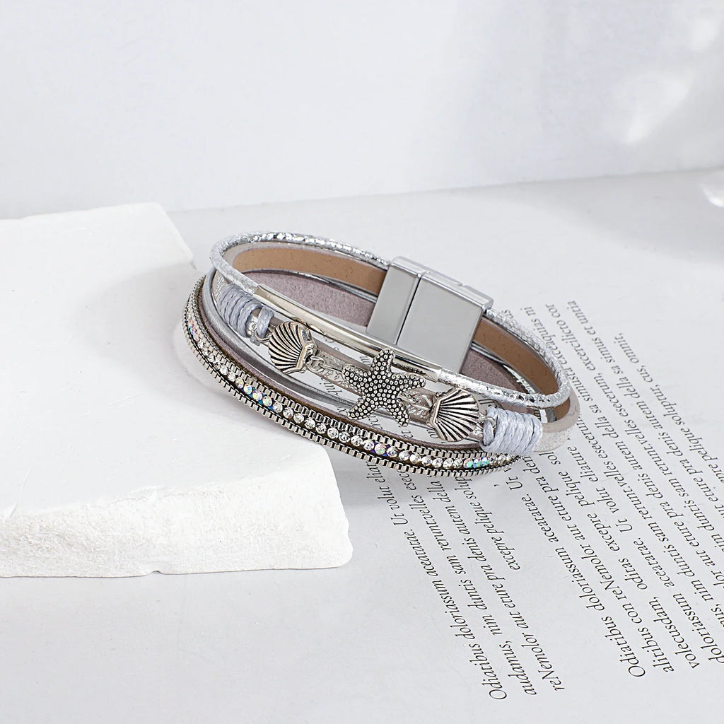 Bracelet en cuir coquillage et étoile de mer argent