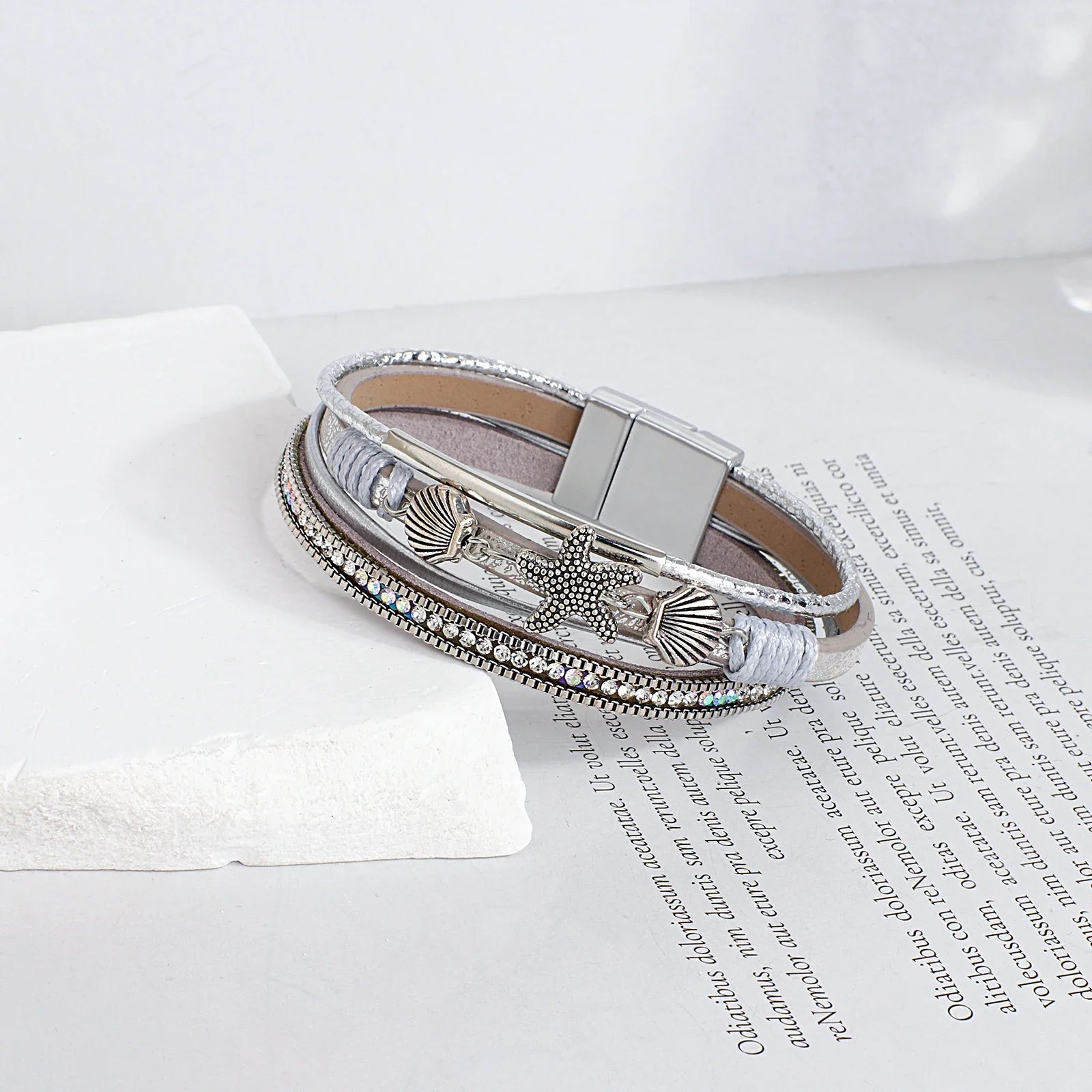 Bracelet en cuir coquillage et étoile de mer argent