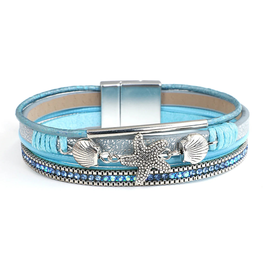 Pulsera de cuero con concha y estrella de mar 