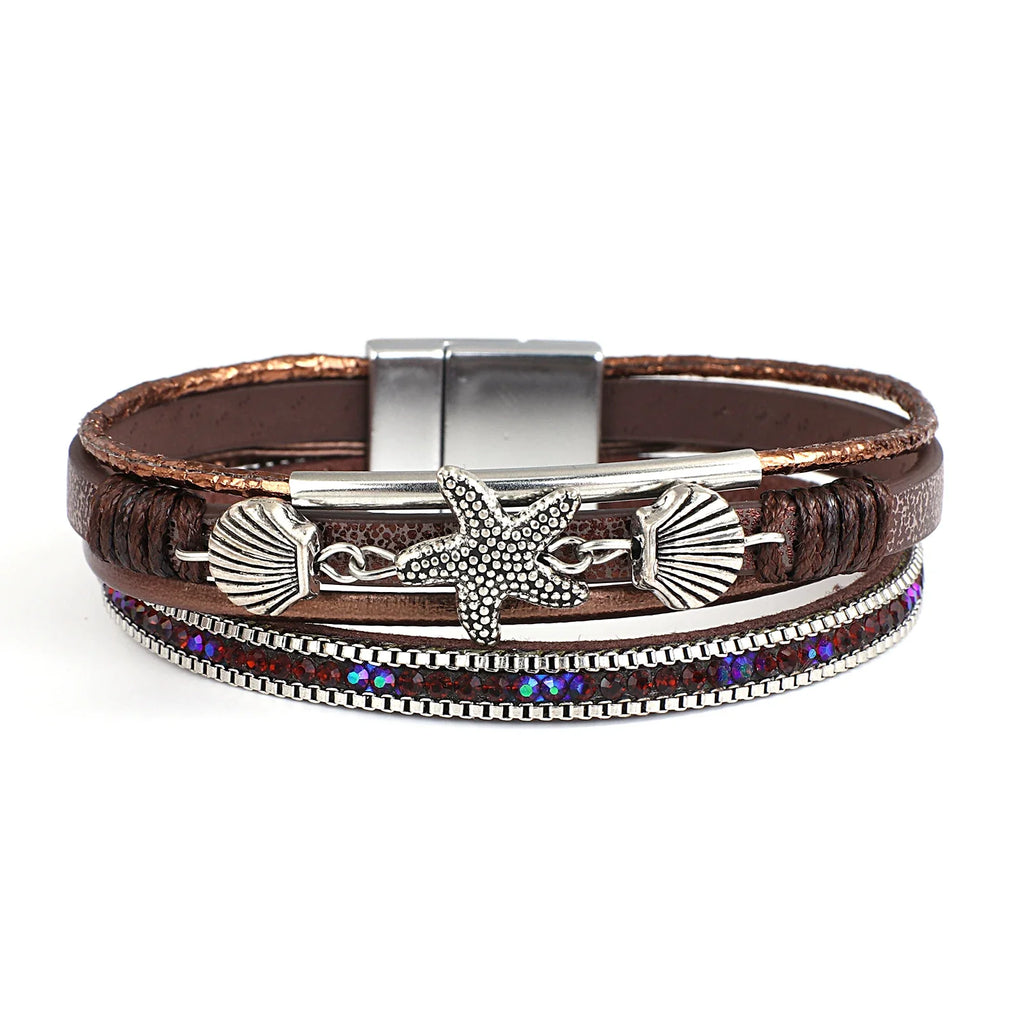 Pulsera de cuero con concha y estrella de mar 