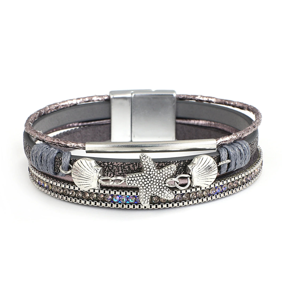 Pulsera de cuero con concha y estrella de mar 