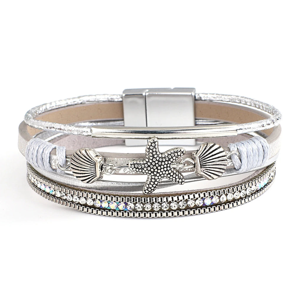 Pulsera de cuero con concha y estrella de mar 