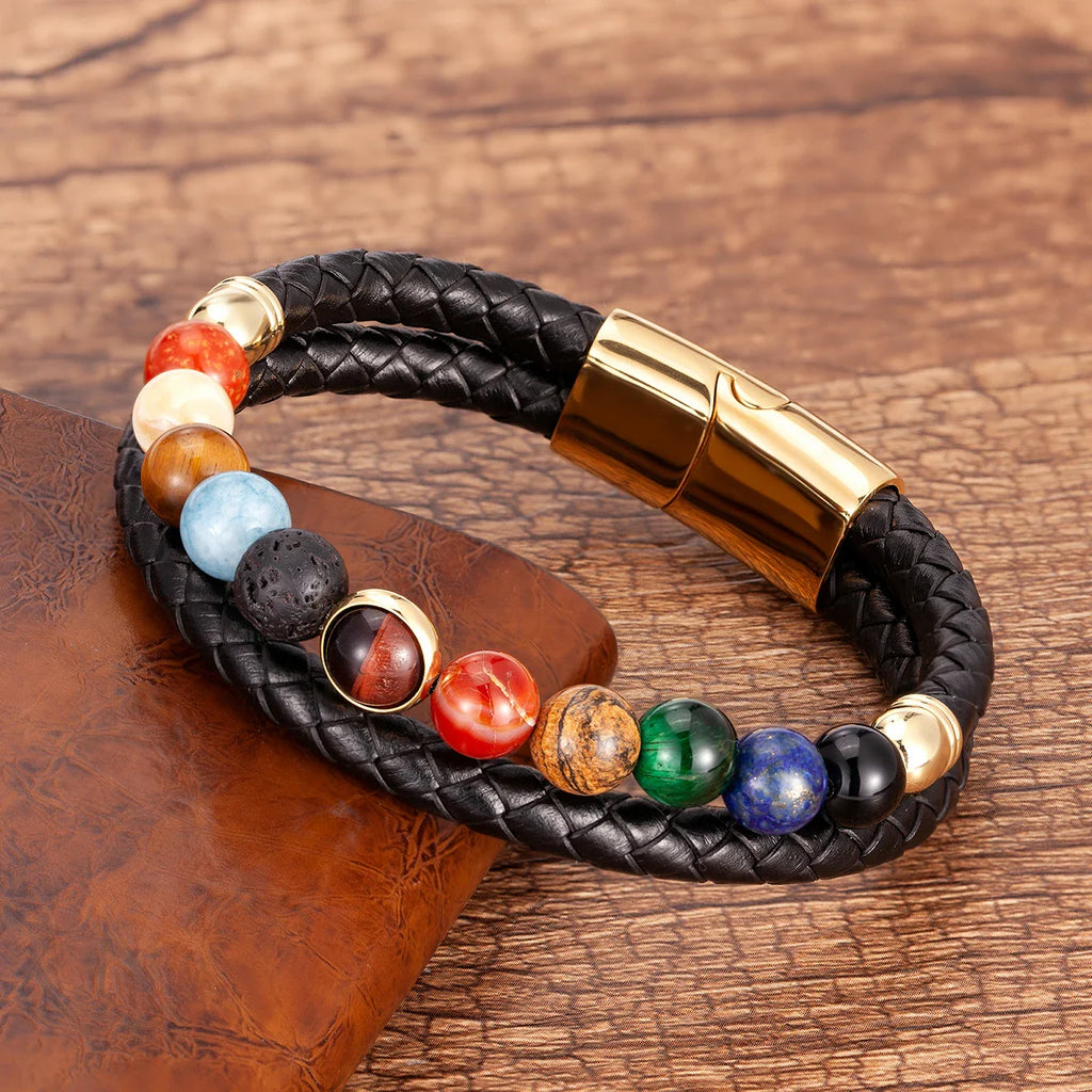7 Chakra Stone Leather Bracelet Men Women gold style a